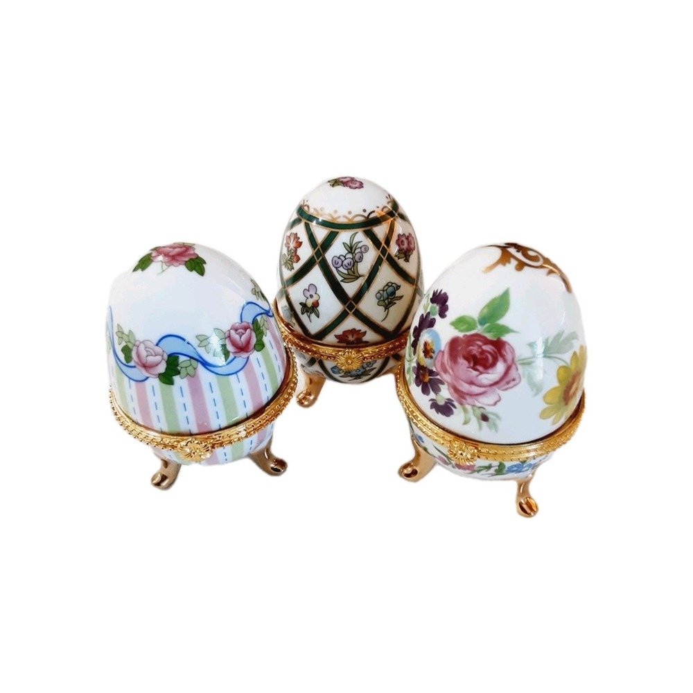 Porcelain Footed Egg Trinket Boxes Multicolor Floral Gold Tone Hinged Lot Of 3
